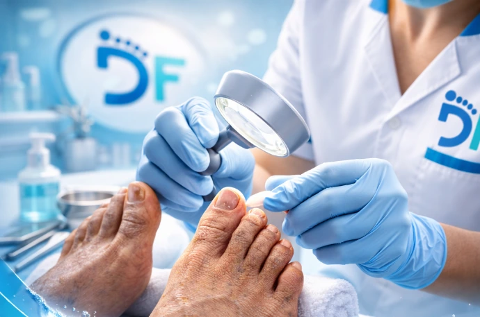 Atención preventiva para pie diabético Procedimiento profesional, revisión y corte de uñas adecuadamente.